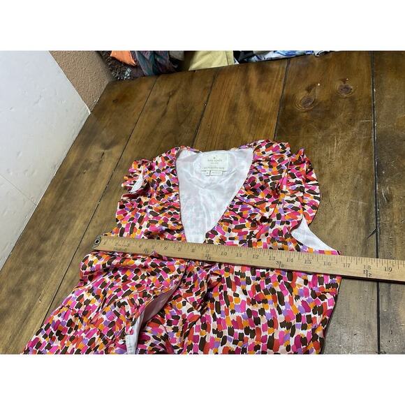 KATE SPADE Aubrey Wrap Dress 6 Pink Brown Abstract Print Silk Sleeveless Ruffles - Picture 12 of 15